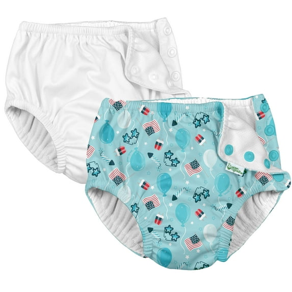 i Play (2 Pack) Boys Reusable Absorbent Baby Swim Diapers - Swimming Suit Bottom | No Other Diaper Necessary Light Aqua Celebration and White 6 Months