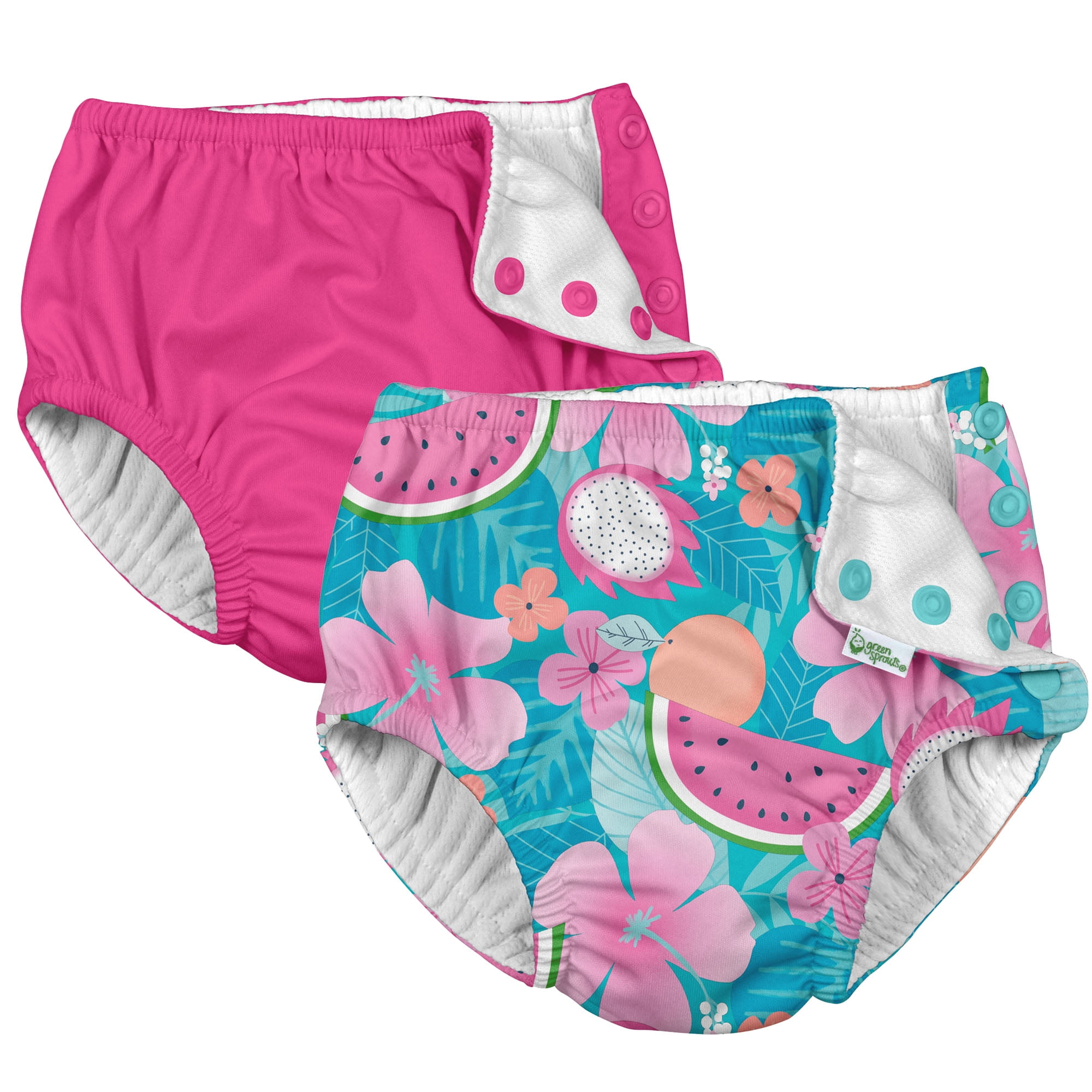 i Play (2 Pack) Girls Reusable Absorbent Baby Swim Diapers - Swimming Suit Bottom No Other Diaper Necessary Aqua Tropical Fruit Floral and Hot Pink 6 Months