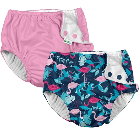 i Play (2 Pack) Girls Reusable Absorbent Baby Swim Diapers - Swimming Suit Bottom | No Other Diaper Necessary Navy Flamingo's and Light Pink 6 Months