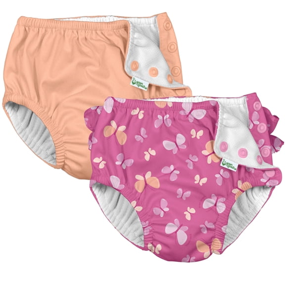 i Play (2 Pack) Girls Reusable Absorbent Baby Swim Diapers - Swimming Suit Bottom | No Other Diaper Necessary Pink Butterflies and Coral 6 Months