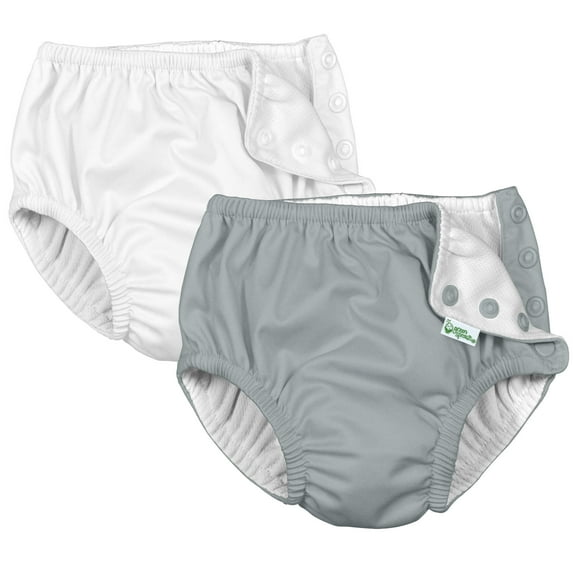 i Play (2 Pack) Unisex Reusable Absorbent Baby Swim Diapers - Swimming Suit Bottom | No Other Diaper Necessary Gray and White 6 Months