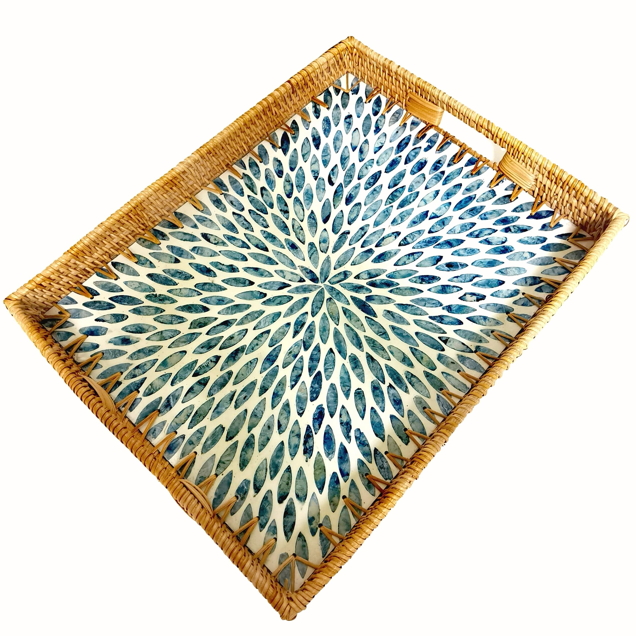 i-lan 18inch Rectangle Rattan Woven and Blue Mother of Pearl Dining ...