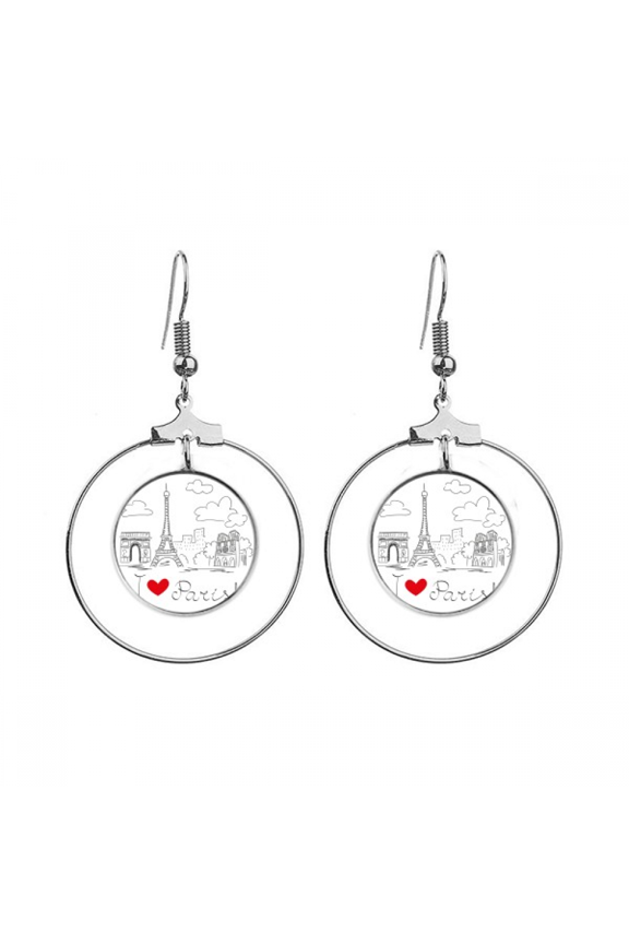 i love paris france eiffel tower line earrings dangle hoop jewelry drop circle
