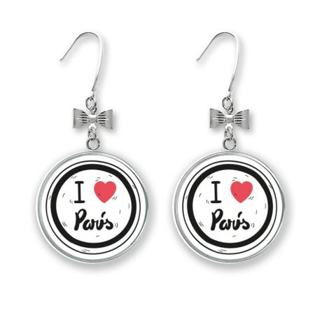 i love paris words pattern bow earrings drop stud pierced hook