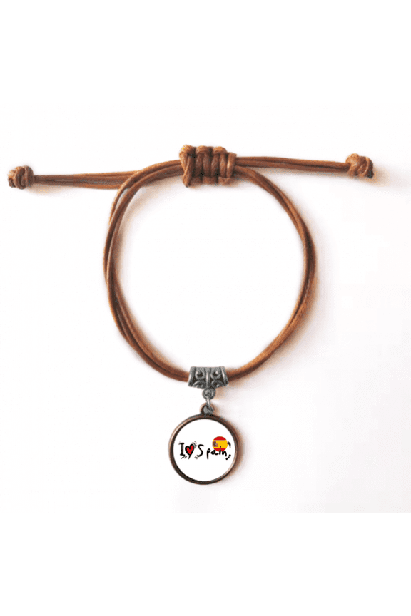 i love spain word flag love heart illustration bracelet leather hide wristband brown jewelry