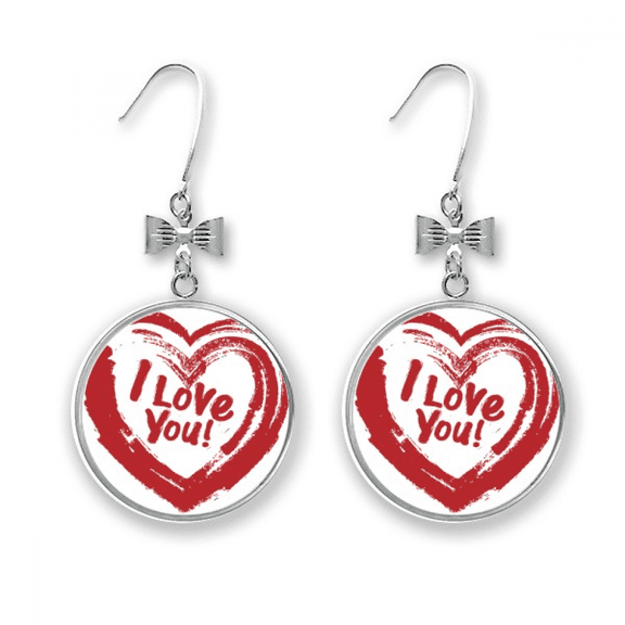 i love you red heart pattern bow earrings drop stud pierced hook