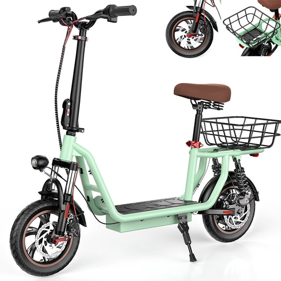 i12 Electric Scooter with Seat, Max 15.6 Mph & 21 Miles Range, 12" Pneumatic Tire, Height Adjustable Seat & Handlebar, Dual Suspensions Adult Electric Scooter, Green