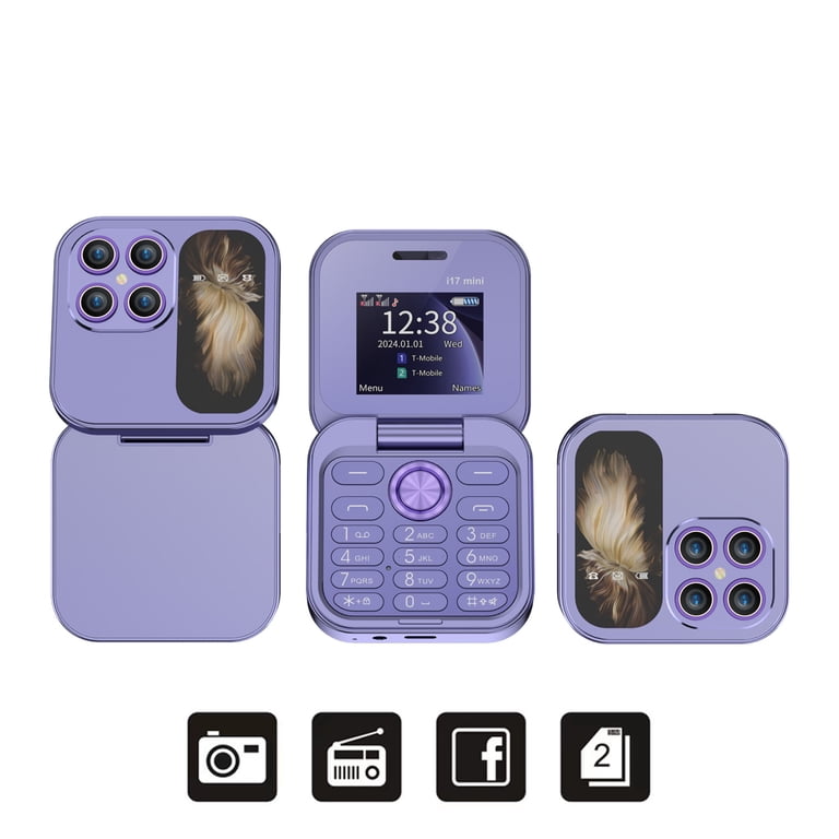i17 Flip Phone 32MB Unlocked, Purple, Dual SIM, 1.77 inch Screen