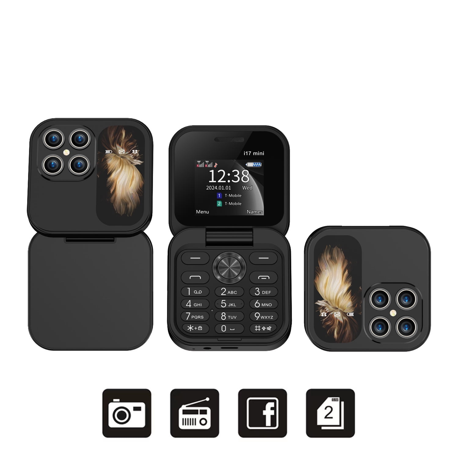 i17 Mini Flip Phone, 32MB RAM, Dual SIM, 1.77" Screen, Black