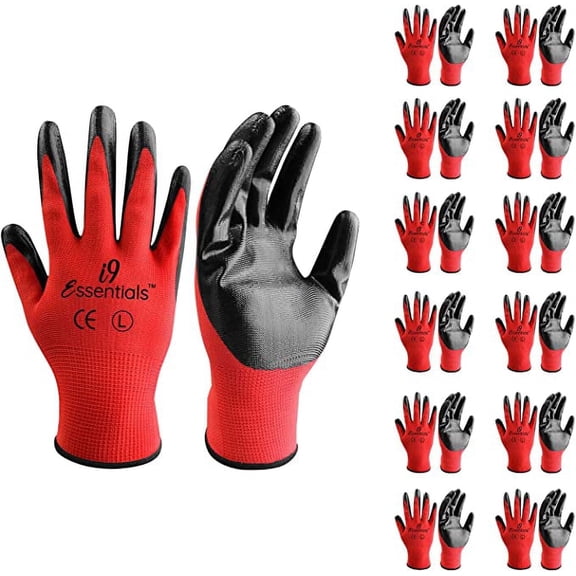 i9 Essentials™ 12 Pairs Safety Work Gloves Nitrile Coated, Seamless Polyester Liner Smooth Construction Gloves- Large