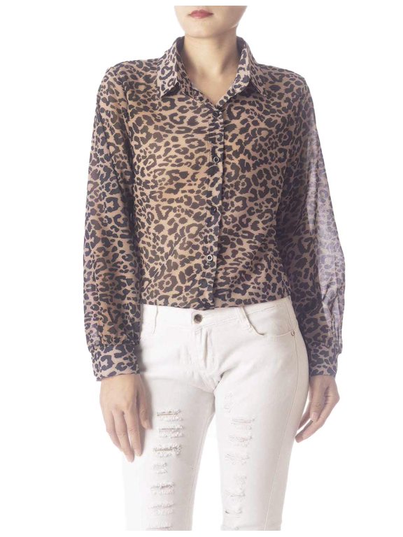 Women's Leopard Patterned Casual Button Semi Sheer Long Sleeve Shirt