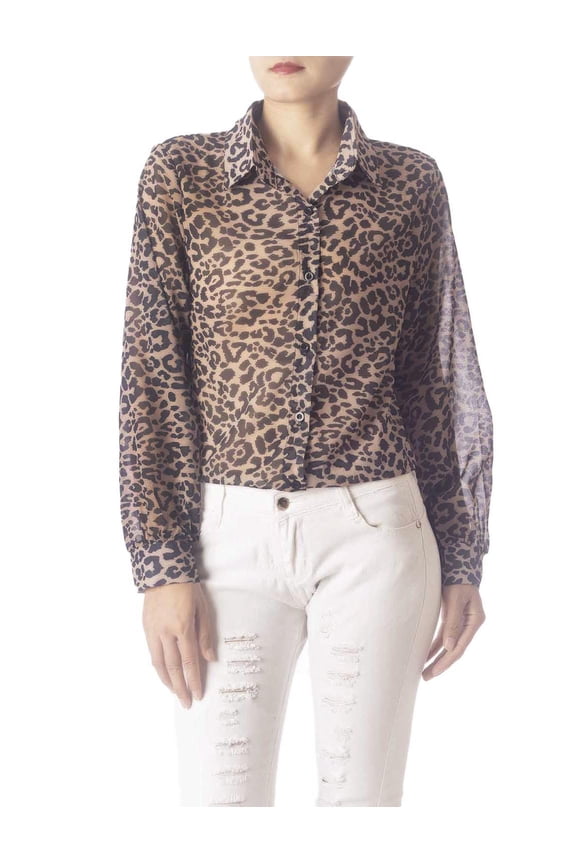 Women's Leopard Patterned Casual Button Semi Sheer Long Sleeve Shirt