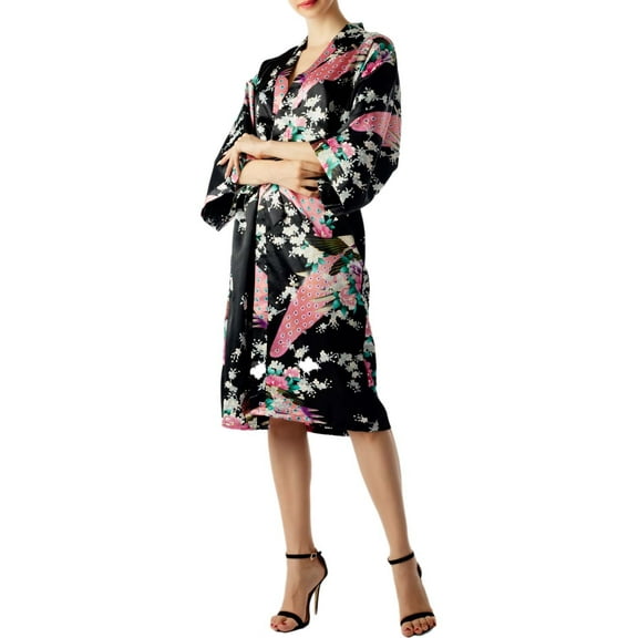 iB-iP Women's Peacock And Plum Blossom Fashion Japanese Kimono Style Midi Robe