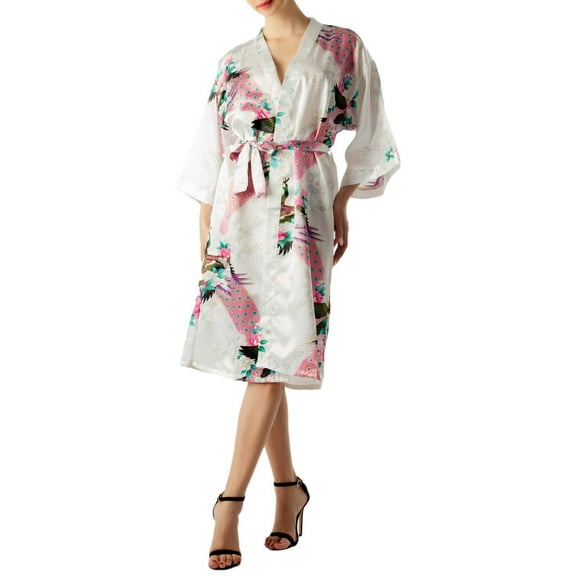 iB-iP Women's Peacock And Plum Blossom Fashion Japanese Kimono Style Midi Robe