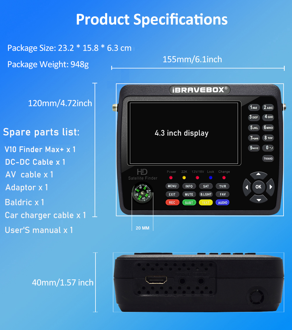 iBRAVEBOX V10 Finder Max+ Satellite TV Signal Finder, H.265 4.3Inch LCD, Star Search Instrument