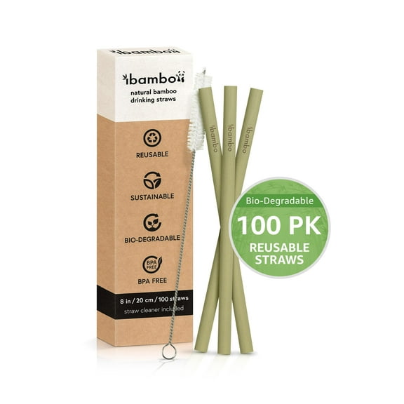 iBambo 100-Pack 8-inch Natural Bamboo Reusable Drinking Straws, Beige