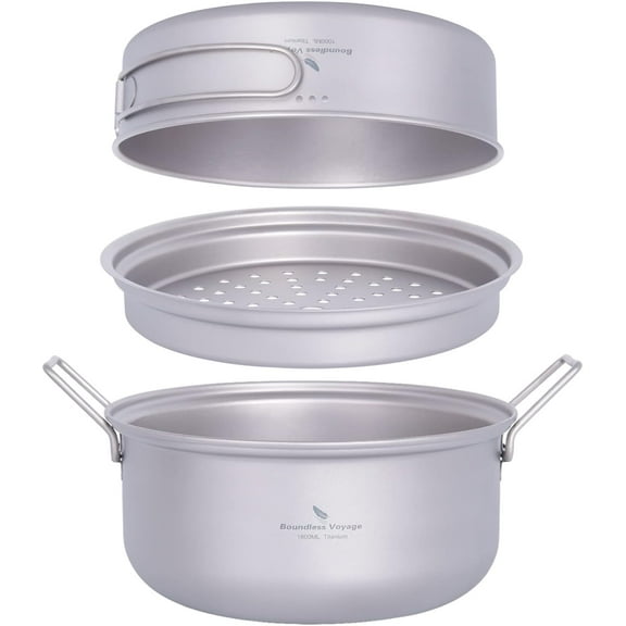 iBasingo 1.8L Titanium Steamer Stockpot Frying Pan Set Ultralight Outdoor Camping Pot Pan Set Portable Campfire Soup Hot Pot Cookware Backpacking Household Kitchen Cooking Kit Ti2101C