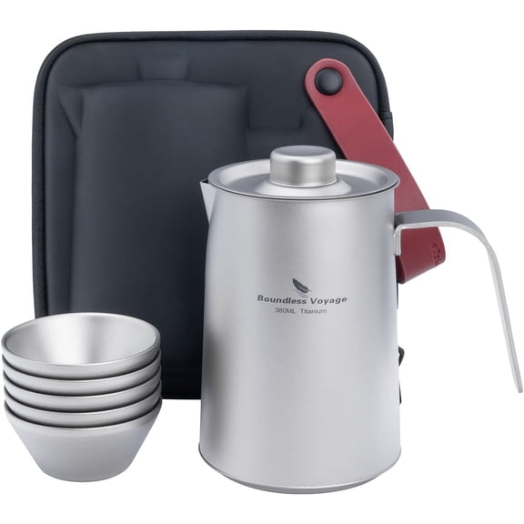 iBasingo 380ml Titanium Teapot with Infuser and 4 30ml Teacups Lightweight Portable Tea Kettle with Lid Chinese Tea Set for Home Outdoor Camping Travel Picnic Hiking Ti3116D+Ti3083D