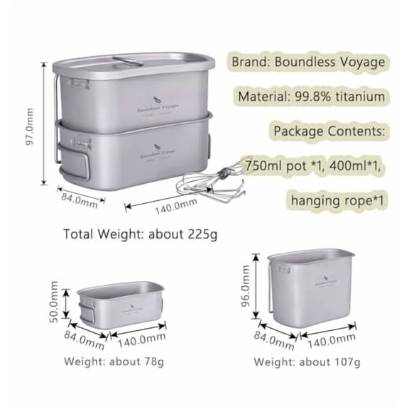 iBasingo Titanium Canteen Mess Kit with Folding Handle Hanging Ring Ultralight Portable for Lunch Outdoor Camping Hiking