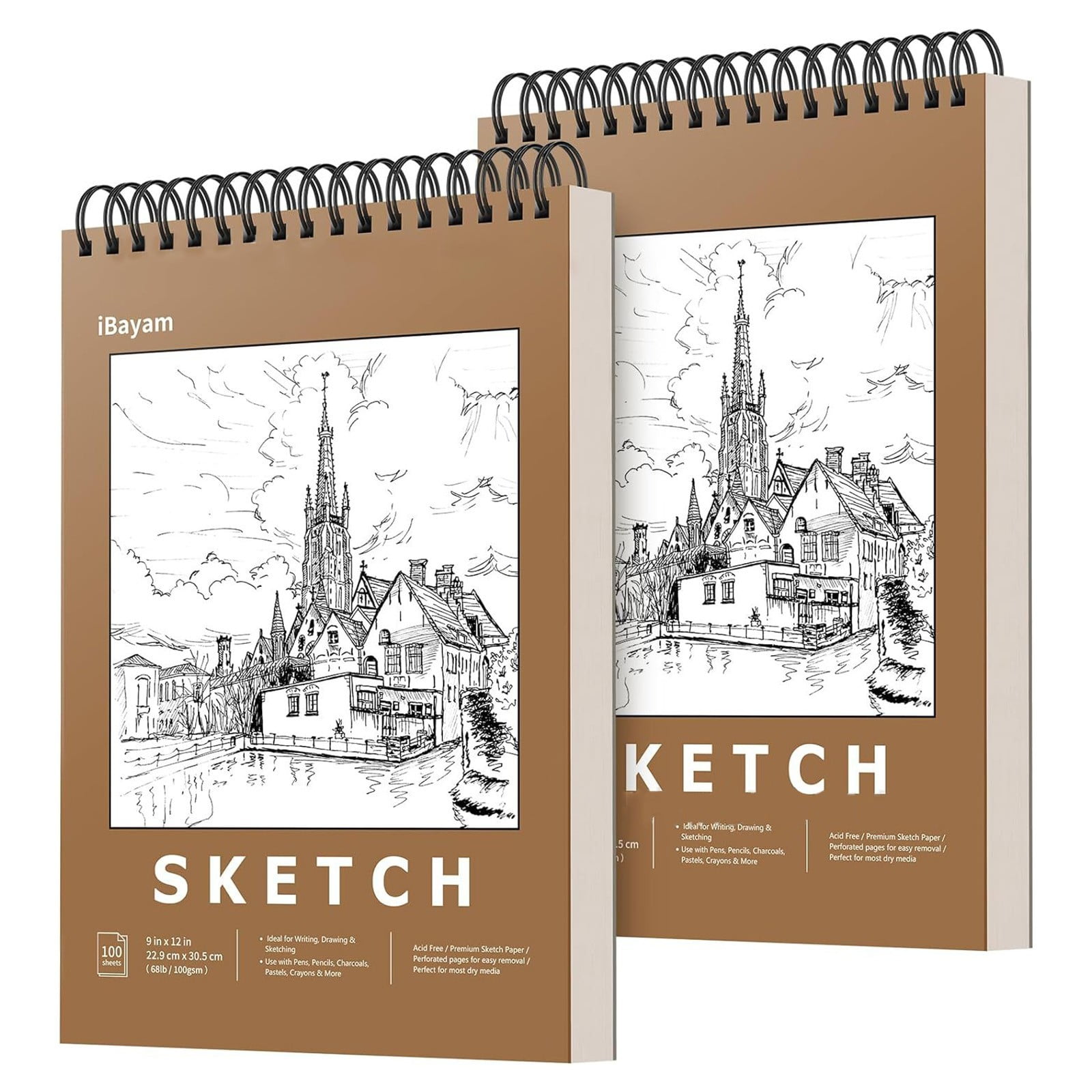 iBayam 9" x 12" Premium Sketchbook Set, 2Pack Spiral Bound Drawing