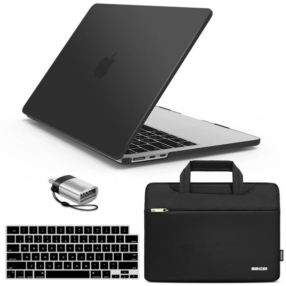 iBenzer Case for 2024 2023 2022 MacBook Air M2 13 inch Model A2681, Hard Shell Case & Sleeve & Keyboard Cover & Type-C Adapter for New M2 Mac Air 13.6" Touch ID, Black, W-MAT13-KK-BK+3
