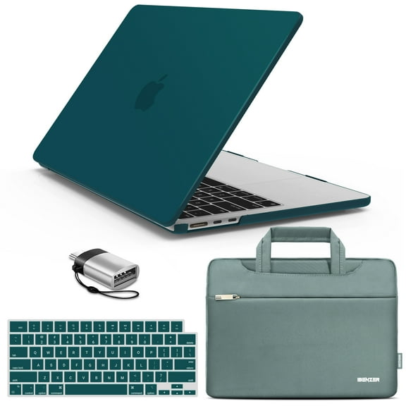 iBenzer Case for 2024 2023 2022 MacBook Air M2 13 inch Model A2681, Hard Shell Case & Sleeve & Keyboard Cover & Type-C Adapter for New M2 Mac Air 13.6" Touch ID, Quetzal Green, W-MAT13-KK-QUGN+3