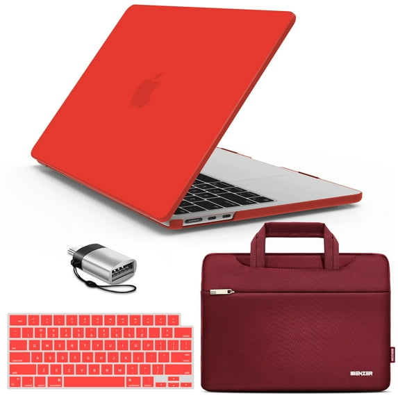 iBenzer Case for 2024 2023 2022 MacBook Air M2 13 inch Model A2681, Hard Shell Case & Sleeve & Keyboard Cover & Type-C Adapter for New M2 Mac Air 13.6" Touch ID, Red, W-MAT13-KK-RD+3