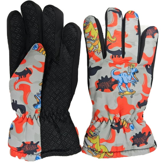 iBerryNY Dinosaur Print Kid Winter Ski Gloves, Faux Fur Lined, Waterproof Outdoor Activities, Red