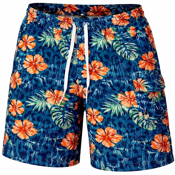 iBerryNY Men Swimming Trunks, Quick-Dry Lightweight Beach & Pool Shorts w/ Pockets, Hawaiian, Small