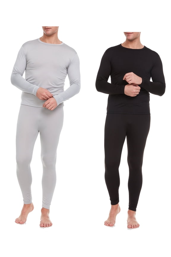 Men Thermal Underwear, Microfiber Fleece Long John, 2-Pack, Light Gray/Black, Large