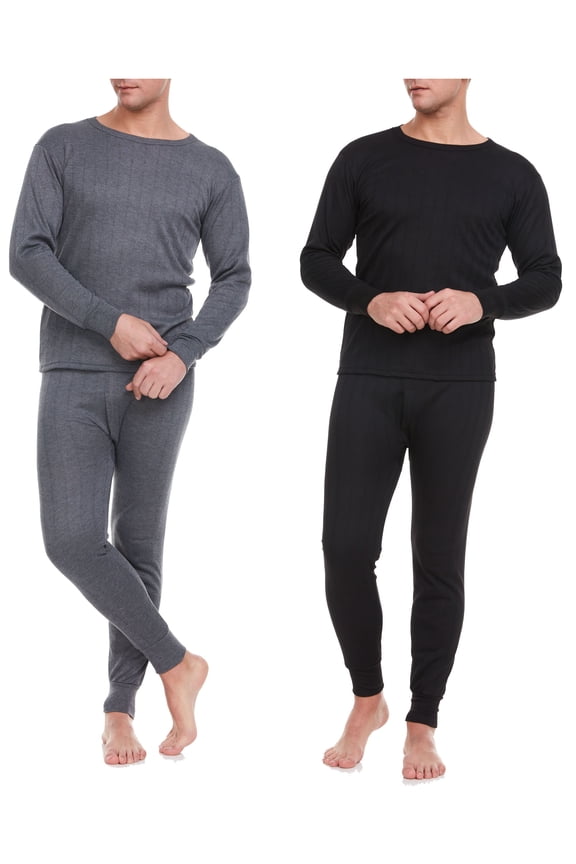Men Thermal Winter Underwear Long John 100% Cotton Fleece, Black/Dark Gray 2 Pairs, Large