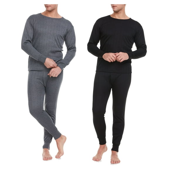 iBerryNY Men Thermal Winter Underwear Long John 100% Cotton Fleece, Black/Dark Gray 2 Pairs, Medium