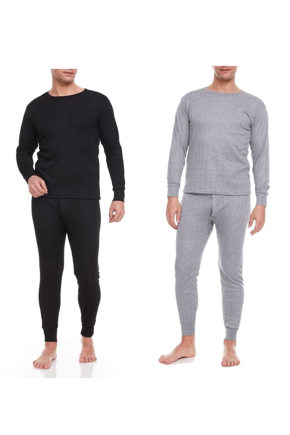 Men Thermal Winter Underwear Long John 100% Cotton Fleece, Black/Dark Gray 2 Pairs, X-Large