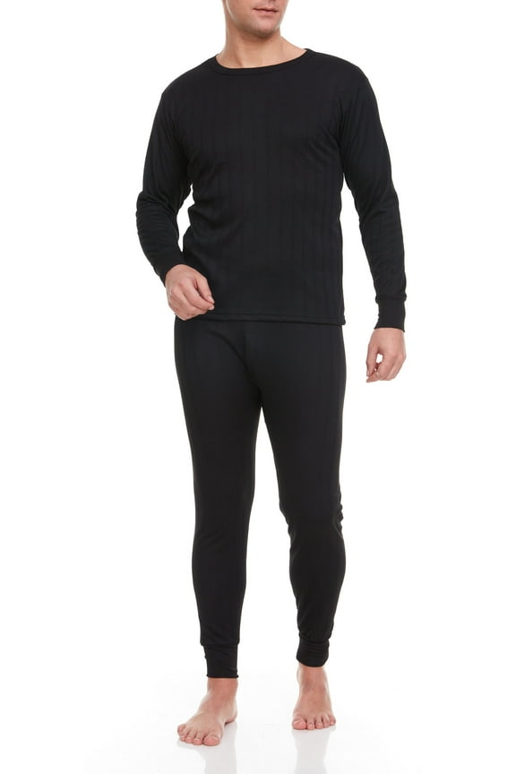 Men Thermal Winter Underwear Long John 100% Cotton Fleece, Black, Small
