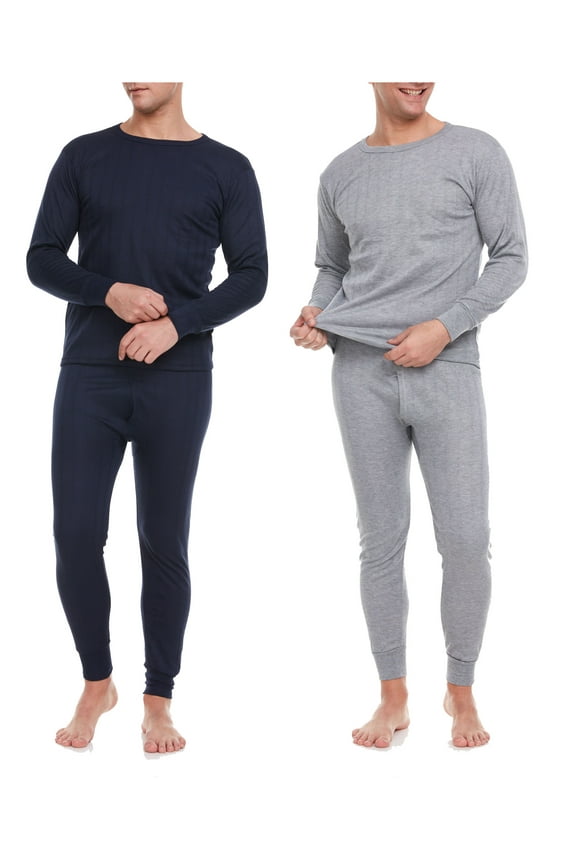 Men Thermal Winter Underwear Long John 100% Cotton Fleece, Navy/Light Gray 2 Pairs, Large