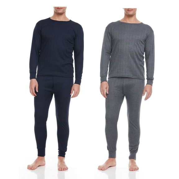 iBerryNY Men Thermal Winter Underwear Long John 100% Cotton Fleece, Navy/Light Gray 2 Pairs, X-Large