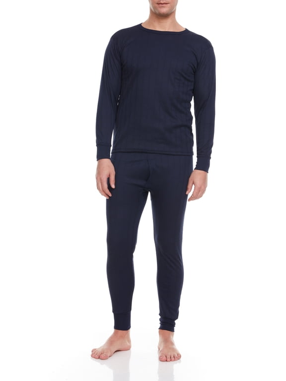Men Thermal Winter Underwear Long John 100% Cotton Fleece, Navy, Medium
