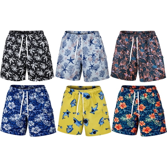 iBerryNY Mens Swim Trunks Cargo Swimming Shorts Adult Male Bathing Suit Pockets, 6 Pairs Large