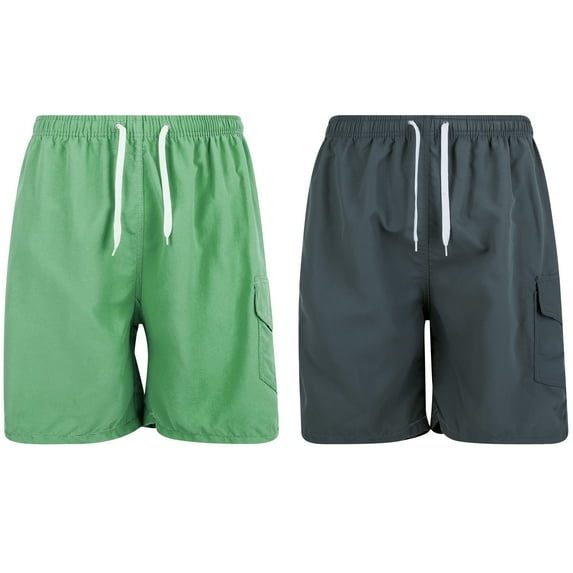 iBerryNY Mens Swim Trunks Quick Dry Cargo Shorts w/ Mesh Lining, 2 Pairs, Green/Gray Large