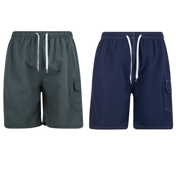 iBerryNY Mens Swim Trunks Quick Dry Cargo Shorts w/ Mesh Lining, 2 Pairs, Navy/Olive, Large