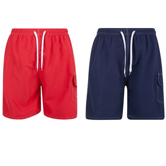 iBerryNY Mens Swim Trunks Quick Dry Cargo Shorts w/ Mesh Lining, 2 Pairs, Red/Navy, Large