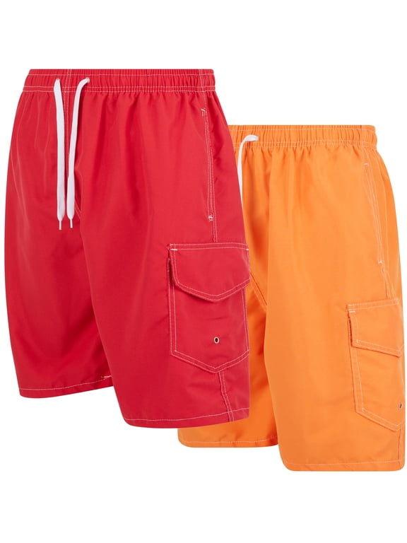 Mens Swim Trunks, Quick Dry Swimwear with Mesh Lining, 2-Pack, Red/Orange, Large