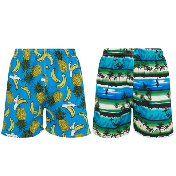 iBerryNY Mens Swimming Trunks Beach Shorts, Mesh Lining, 2 Pairs, Palm Sunset/Fruits, Large
