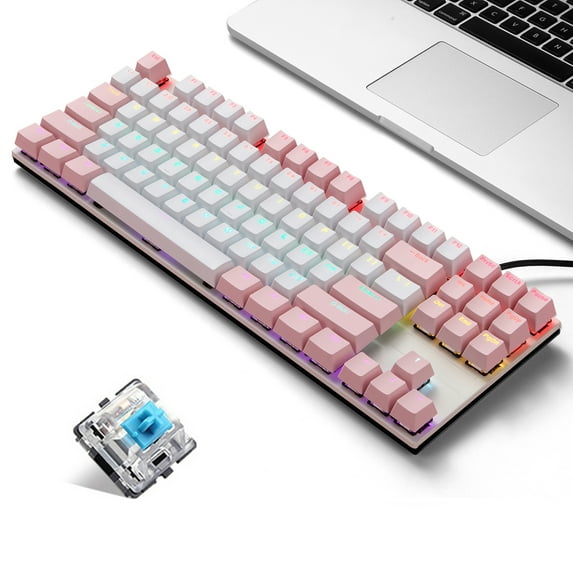 iBlancod K87 87 Keys Wired Mechanical Keyboard Metal Panel Two-color Injection Keycap 20 Light Effects Pink&White(Blue Switches)