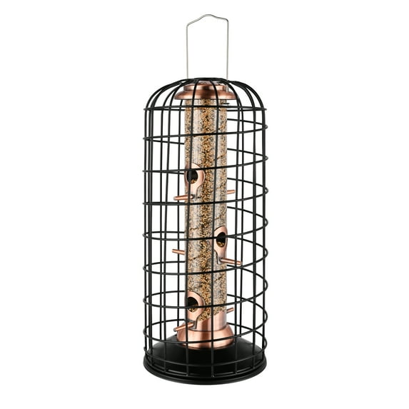 iBorn Squirrel Proof Bird Feeder Pigeon Proof Cage Bird Feeder for Outside with Squirrel, Pestoff Hanging Wild Bird Seed Feeder for Mix Seed Blends, Heavy Duty All Metal Copper 14 Inch