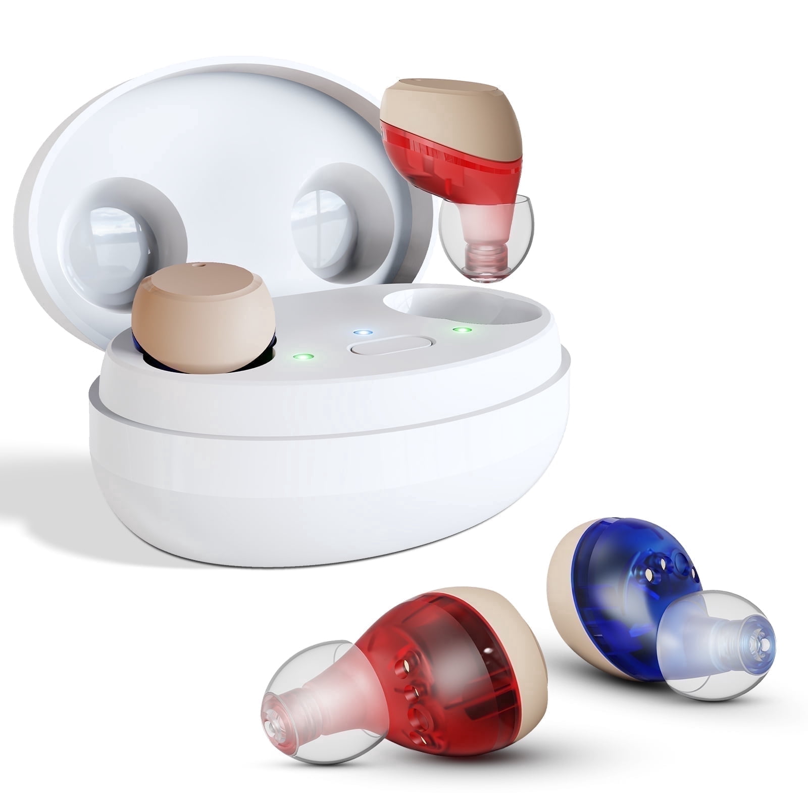 iBstone K21 Rechargeable hearing aids for Seniors Adults, 4 Programs for Experience, with Charging Case, Blue & Red, Pair