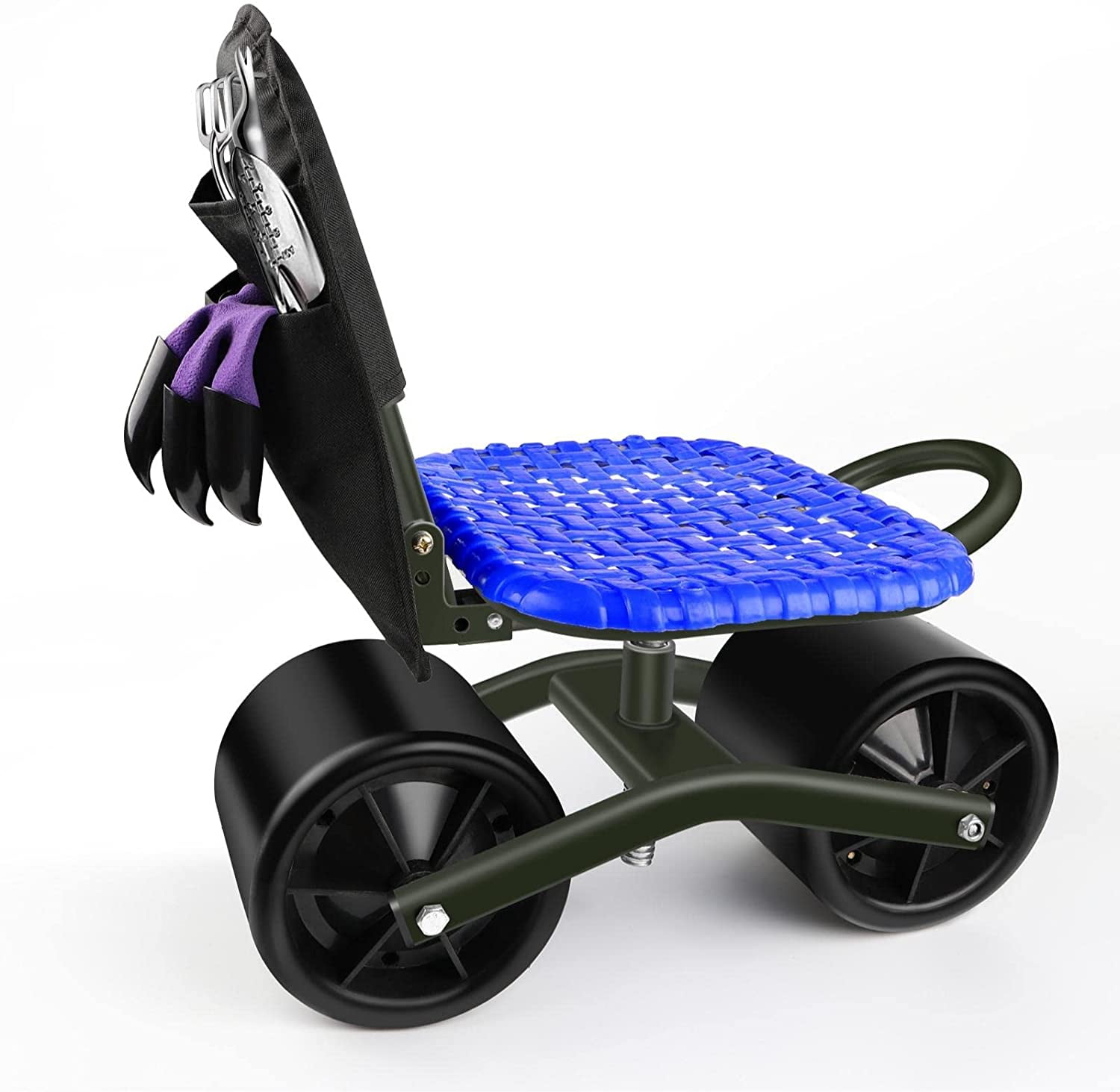 iCOVER Gardening Stool with Rolling Wheels and Weeding Tool Bag, Sturdy Cart with Adjustable