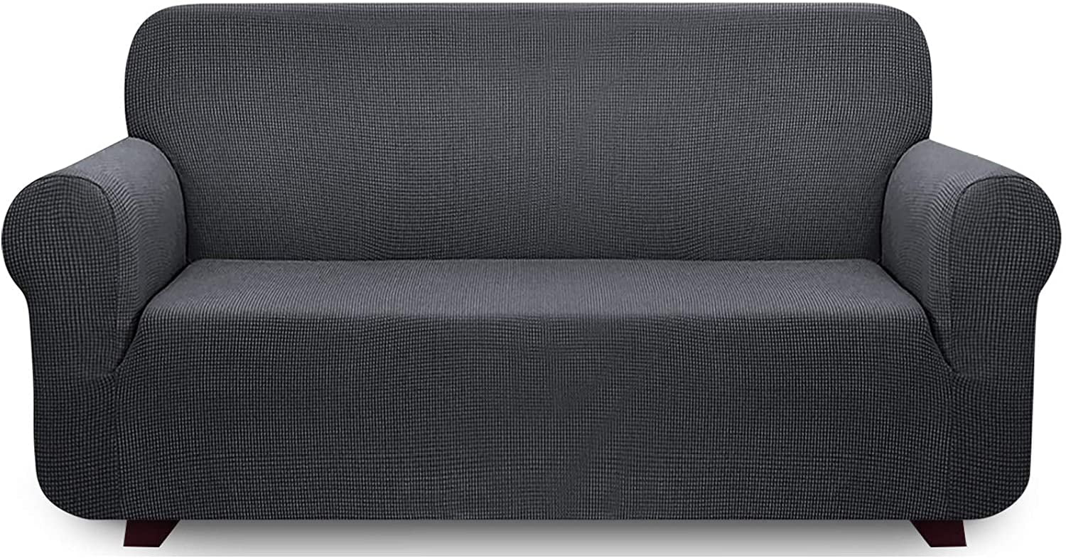 iCOVER One Piece High Stretch Couch Cover, Large Sofa Slipcover, fit seat with 60 to 80 inches, Machine Washable Spandex Jacquard Fabric, Non-Slip Furniture Protector (Dark Gray)