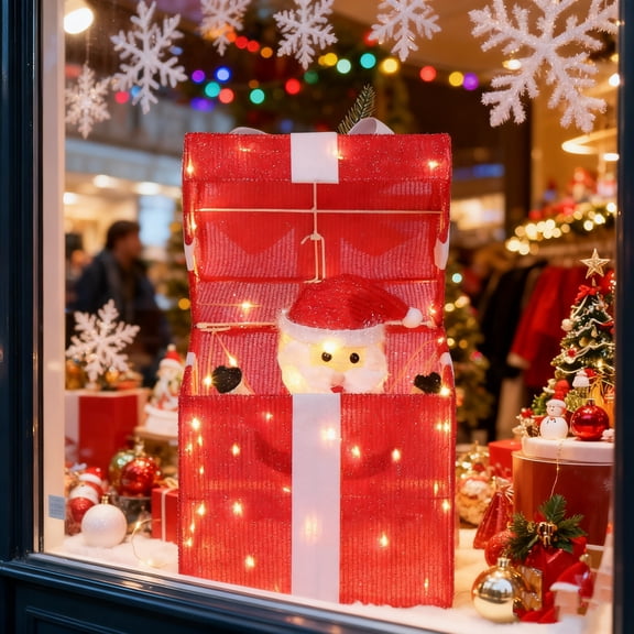 iCapeson 12in Motorized Pop-Up Christmas Gift Box with Animated Santa & 60 Warm White LEDs, Waterproof Outdoor Christmas Decorations for Yard, Indoor Xmas Lighted Display with Moving Mechanism