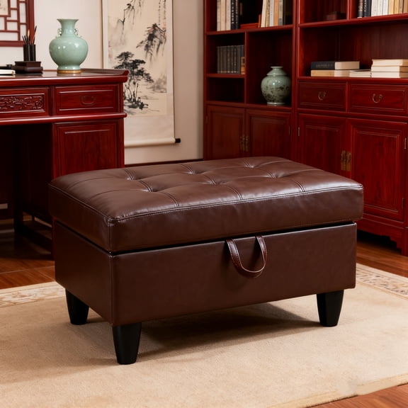 iCapeson 3-Piece Dual-Fabric Storage Ottoman Set, Brown Linen & Faux Leather Ottoman Bench with Removable Cushion, Convertible Footrest for Living Room